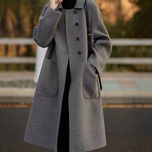 

Women's Winter Coat Warm Breathable Office Street Going out Button Pocket Single Breasted Turndown Elegant Lady Modern Solid Color Regular Fit Outerwear Long Sleeve Winter Fall Black Camel Gray M L