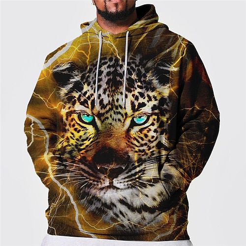 

Men's Plus Size Pullover Hoodie Sweatshirt Big and Tall Leopard Hooded Long Sleeve Spring & Fall Basic Fashion Streetwear Comfortable Daily Wear Vacation Tops