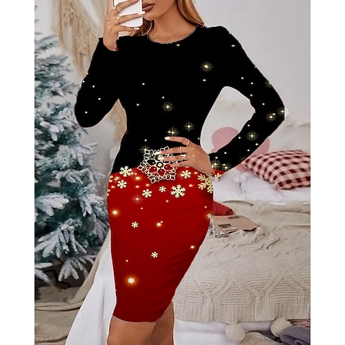 

Women's Christmas Casual Dress Print Dress Green Wine Light Red Red Black Long Sleeve Elk Tree Snowflake Print Winter Autumn Crew Neck Fashion Casual Fall Dress 2022 S M L XL 2XL 3XL 4XL 5XL 6XL