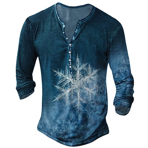 

Men's T shirt Tee Henley Shirt Tee Graphic Snowflake Henley Blue 3D Print Outdoor Daily Long Sleeve Button-Down Print Clothing Apparel Basic Designer Classic Comfortable