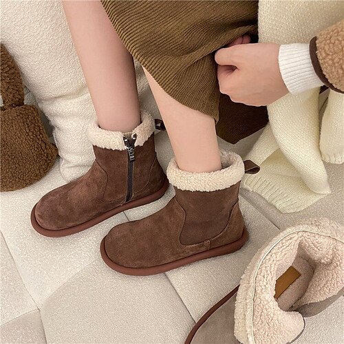 

Women's Boots Booties Ankle Boots Winter Flat Heel Round Toe Synthetics Zipper Solid Colored Brown Coffee Gray