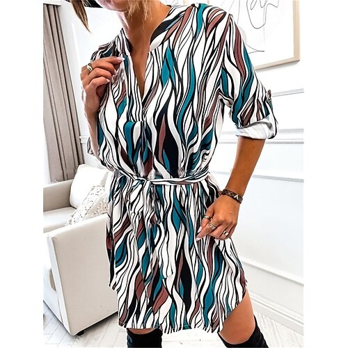 

Women's Casual Dress Print Dress Short Mini Dress Blue Brown Black 3/4 Length Sleeve Print Lace up Print Fall Winter Stand Collar Stylish Modern 2022 S M L XL 2XL / Cotton