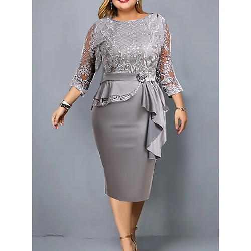 

Women's Plus Size Party Dress Floral Crew Neck Lace 3/4 Length Sleeve Winter Fall Stylish Elegant Mature Midi Dress Formal Party Dress