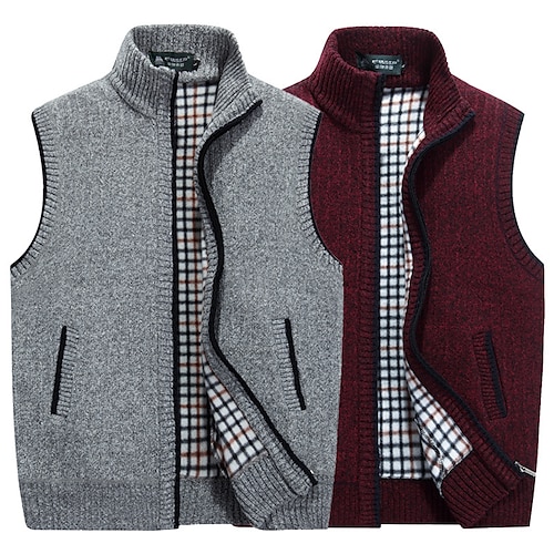 

Men's Vest Warm Breathable Soft Daily Wear Going out Festival Zipper Standing Collar Basic Business Casual Jacket Outerwear Solid Colored Pocket Azure Burgundy Light Grey