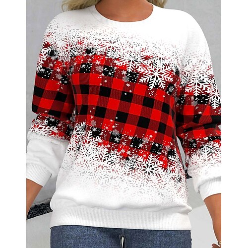 

Women's Plus Size Tops Pullover Sweatshirt Plaid Snowflake Patchwork Print 3/4 Length Sleeve Crew Neck Casual Daily Vacation Polyester Winter Fall White