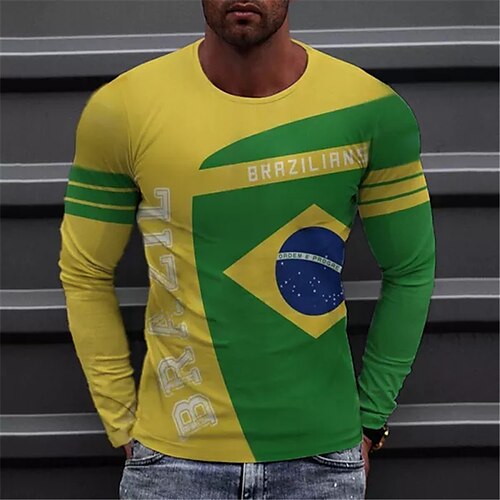 

Men's T shirt Tee Graphic Prints Crew Neck Green 3D Print World Cup Outdoor Street Long Sleeve Print Clothing Apparel Basic Sports Designer Casual