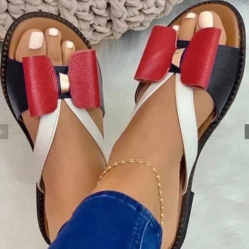 

Women's Sandals Flat Sandals Outdoor Slippers Daily Beach Summer Bowknot Flat Heel Open Toe Casual Sweet Faux Leather Loafer Color Block Yellow Red Gold