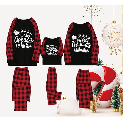 

Christmas Pajamas Family Set Ugly Plaid Letter Deer Home Black Long Sleeve Mom Dad and Me Basic Matching Outfits