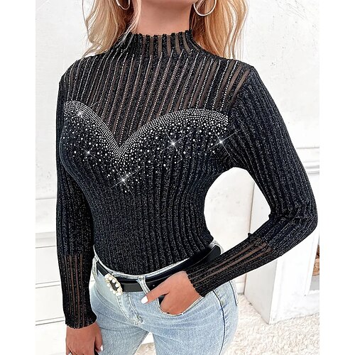 

Women's Blouse Shirt Black Blue Pink Plain Mesh Rhinestone Long Sleeve Casual Weekend Streetwear High Neck Regular S
