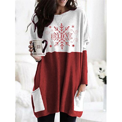 

Women's Casual Dress T Shirt Dress Tee Dress Shift Dress Mini Dress Green Red Long Sleeve Letter Pocket Winter Fall Autumn Crew Neck Christmas Loose Fit 2022 S M L XL 2XL 3XL 4XL 5XL