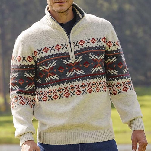 

Men's Sweater Ugly Christmas Sweater Pullover Sweater Jumper Ribbed Knit Cropped Knitted Ugly Christmas Half Zip Keep Warm Modern Contemporary Christmas Work Clothing Apparel Fall & Winter Beige S M L