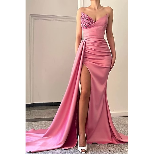

Mermaid / Trumpet Prom Dresses Sexy Dress Formal Court Train Sleeveless V Neck Stretch Satin Backless with Pleats Ruched Beading 2022