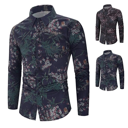 

Men's Shirt Floral Graphic Prints Turndown Black Navy Blue 3D Print Christmas Street Long Sleeve Button-Down Print Clothing Apparel Fashion Designer Casual Soft