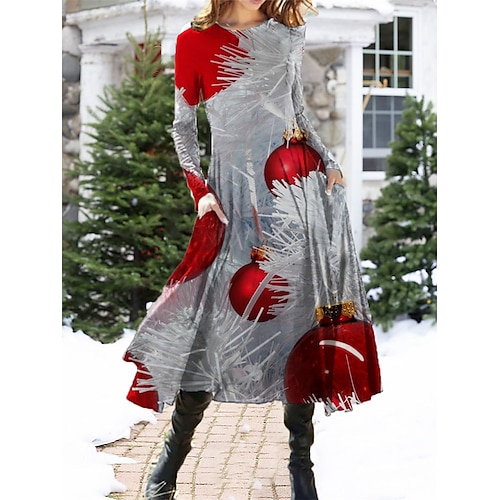 

Women's Christmas Casual Dress Swing Dress Midi Dress Blue Purple Red Long Sleeve Snowflake Pocket Winter Fall Spring Round Neck Fashion Daily Weekend 2022 S M L XL XXL 3XL