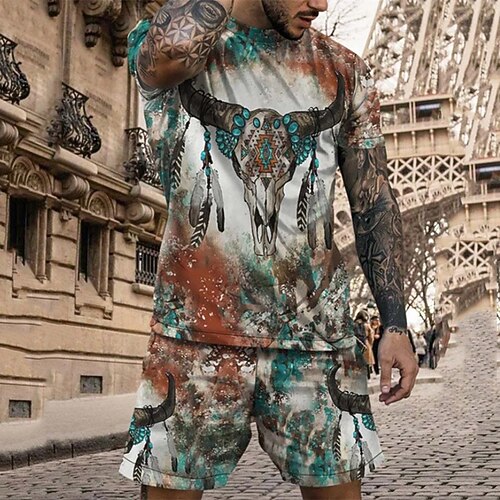 

Men's Shorts and T Shirt Set T-Shirt Outfits Tribal Graphic Prints Crew Neck Green 3D Print Outdoor Street Short Sleeve 3D Print Clothing Apparel 2pcs Basic Classic Comfortable Big and Tall