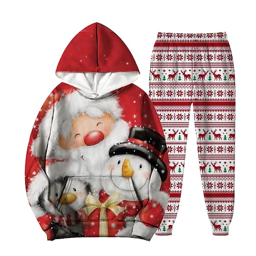 

2 Pieces Kids Boys Ugly Christmas Hoodie & Pants Outfit Santa Claus Snowman Snowflake Long Sleeve Set Casual Cute Daily Winter Fall 7-13 Years Wine