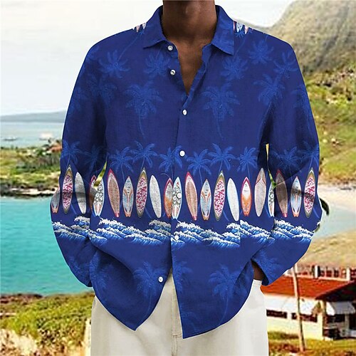 

Men's Shirt Coconut Tree Graphic Prints Beach Turndown Blue Gray 3D Print Outdoor Street Long Sleeve Button-Down Print Clothing Apparel Fashion Designer Casual Hawaiian