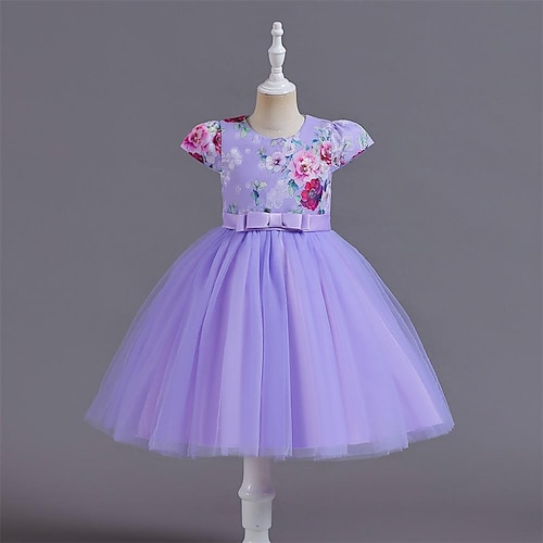

Toddler Girls' Party Dress Solid Color Tulle Dress Knee-length Dress Performance Tie Knot Crew Neck Short Sleeve Adorable Dress 3-7 Years Spring Blue Purple Pink