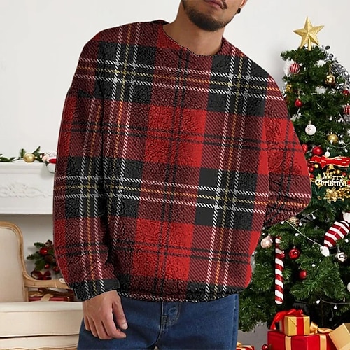 

Men's Sweatshirt Dark Gray Red Gray Crew Neck Plaid Graphic Prints Print Christmas Sports Outdoor Daily Hot Stamping Fleece Basic Designer Casual Fall Spring Clothing Apparel Hoodies Sweatshirts