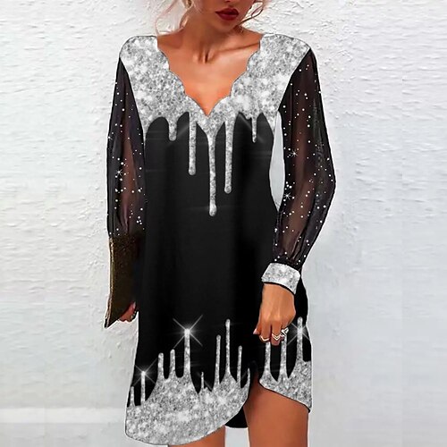 

Women's Party Dress Sheath Dress Mini Dress Black Long Sleeve Graphic Mesh Winter Fall Spring V Neck Stylish Vacation 2022 S M L XL XXL 3XL