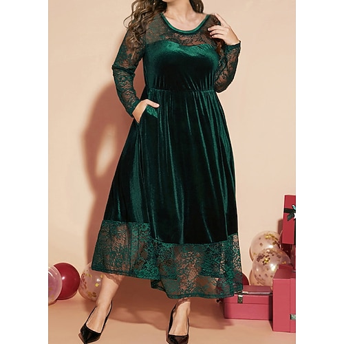 

Women's Plus Size Velvet Dress Floral Crew Neck Long Sleeve Winter Fall Fashion Modern Midi Dress Party Holiday Dress