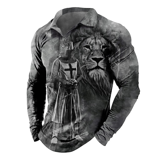 

Men's Polo Shirt Golf Shirt Animal Lion Graphic Prints Soldier Turndown Yellow Gray 3D Print Outdoor Street Long Sleeve Button-Down Print Clothing Apparel Fashion Designer Casual Soft