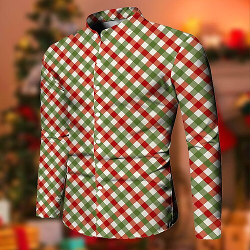 

Men's Shirt Plaid Stand Collar Green 3D Print Christmas Street Long Sleeve Button-Down Print Clothing Apparel Fashion Designer Casual Breathable