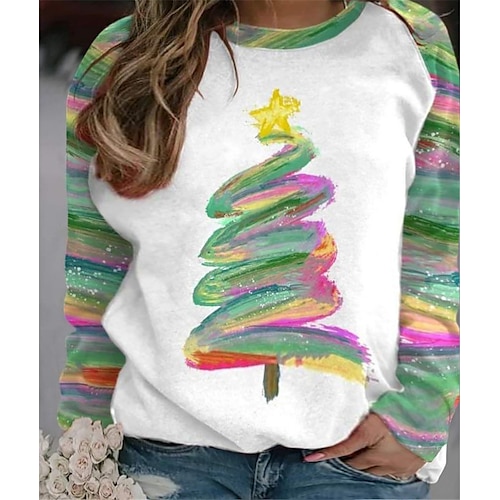 

Women's Plus Size Christmas Tops Pullover Sweatshirt Christmas Tree Print Long Sleeve Crewneck Casual Festival Christmas Daily Polyester Winter Fall Green Blue