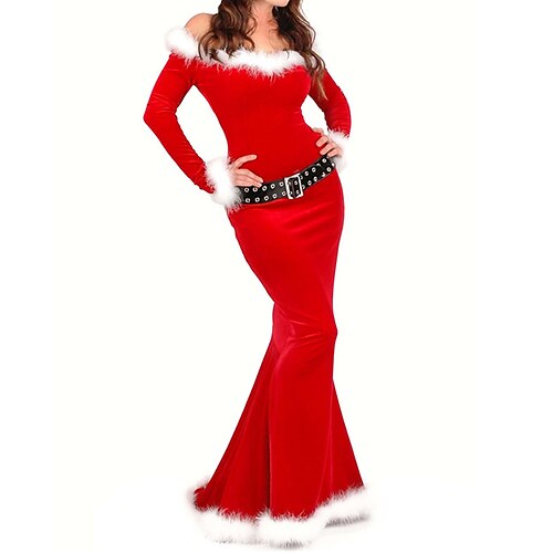 

Women's Velvet Dress Bodycon Sheath Dress Long Dress Maxi Dress Red Long Sleeve Pure Color Feather Winter Fall Spring Off Shoulder Fashion Christmas 2022 S M L