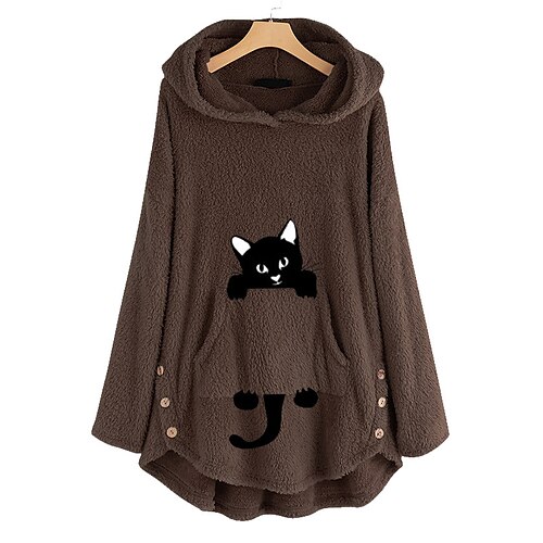 

Women's Plus Size Tops Hoodie Sweatshirt Cat Embroidered Button Long Sleeve Hooded Streetwear Casual Daily Going out Polyester Winter Fall Black Royal Blue