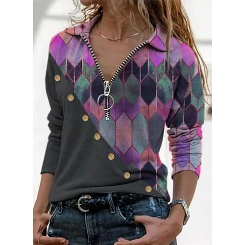 

Women's Blouse Shirt Blue Purple Yellow Geometric Color Block Print Long Sleeve Casual Basic Shirt Collar Regular Geometric S