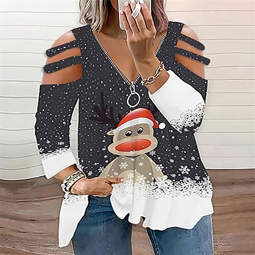 

Women's Plus Size Christmas Tops Blouse Deer Snowflake Zipper Cut Out Long Sleeve V Neck Casual Holiday Daily Polyester Winter Fall Green Black