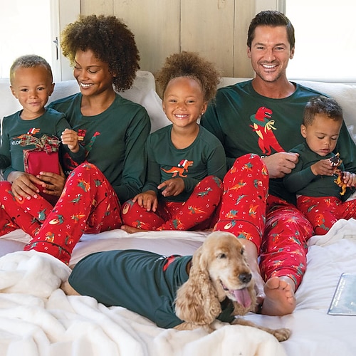 

Christmas Pajamas Family Dinosaur Home Red Long Sleeve Basic Matching Outfits