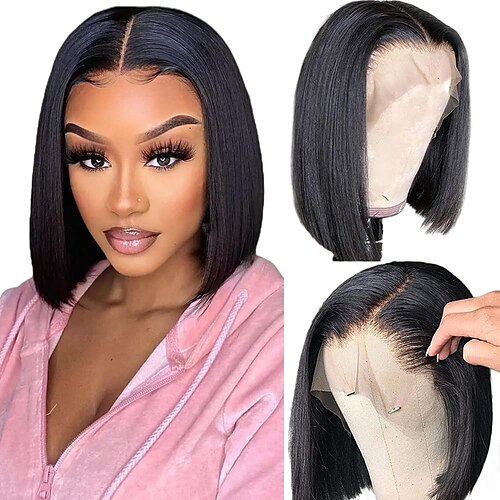 

Short Bob Wig Human Hair 13x4 Frontal Bob Wigs Human Hair Pre Plucked wigs for Black Women Bob Lace Front Wigs Human Hair 10 Inch 180% Density with Baby Hair Natural Color