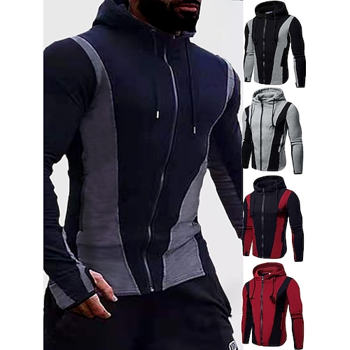 

Men's Running Jacket Hoodie Jacket Full Zip Long Sleeve Top Athletic Athleisure Winter Spandex Thermal Warm Windproof Breathable Running Walking Jogging Sportswear Activewear Color Block Red / black