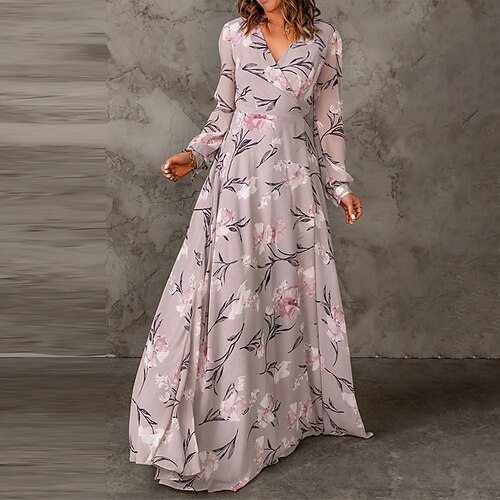 

Women's Casual Dress Swing Dress Floral Dress Long Dress Maxi Dress Pink Long Sleeve Flower Split Winter Fall Spring V Neck Fashion Daily 2022 S M L XL XXL