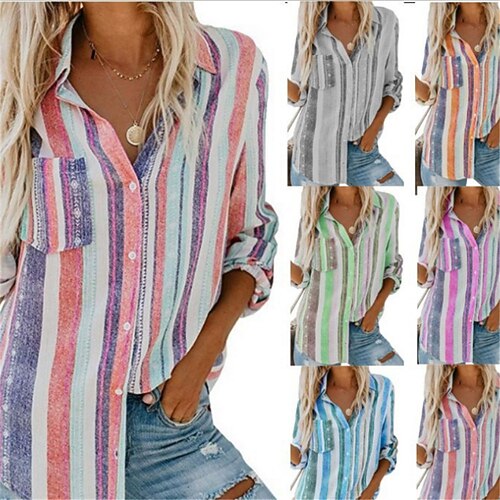 

Women's Blouse Shirt Button-Down Print Stripes Graphic Prints Classic Shirt Collar Regular Spring & Fall Green Blue Purple Pink Orange