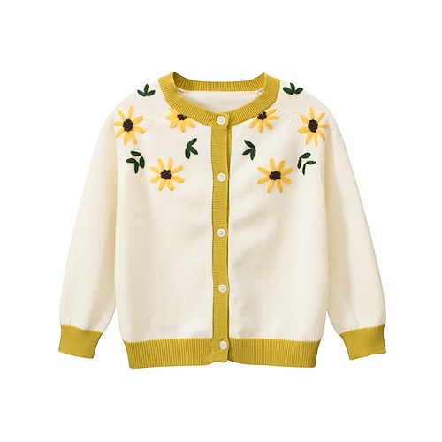 

Børn Pige Cardigan Blomstret Skole Langærmet Crewneck Aktiv 100 % bomuld 3-7 år Forår Beige