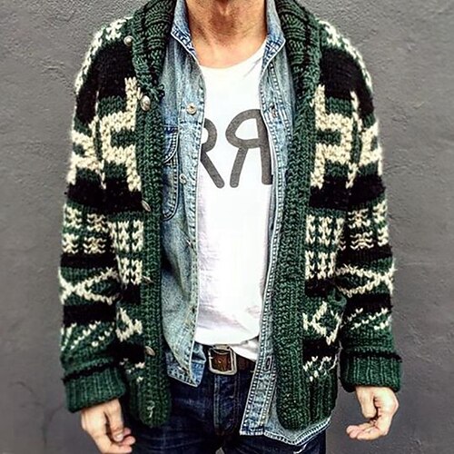 

Men's Sweater Cardigan Sweater Ribbed Knit Cropped Knitted Graphic Lapel Keep Warm Modern Contemporary Work Daily Wear Clothing Apparel Fall & Winter Green M L XL