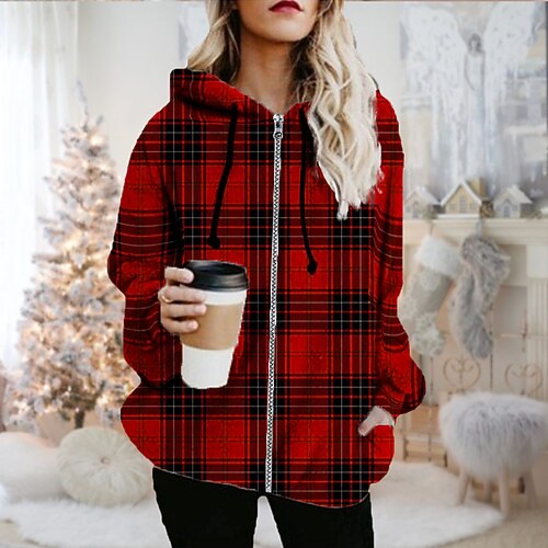 

Women's Casual Jacket Hoodie Jacket Warm Comfortable Christmas Sports Valentine's Day Print Zipper Hoodie Plaid Loose Fit Outerwear Long Sleeve Winter Fall Red S M L XL XXL 3XL