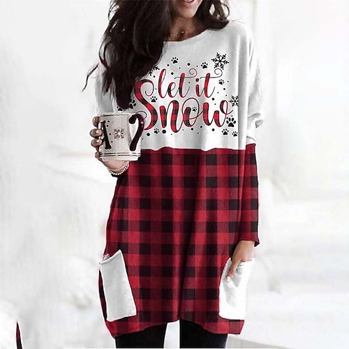 

Women's Casual Dress T Shirt Dress Tee Dress Mini Dress Black Red White Long Sleeve Plaid Patchwork Winter Fall Autumn Crew Neck Basic Christmas Vacation Weekend 2022 S M L XL XXL