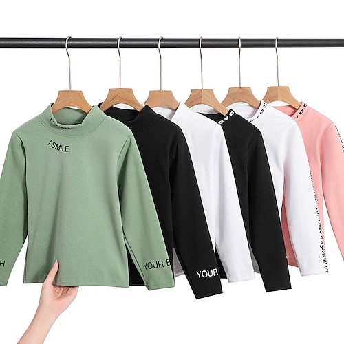 

Kids Girls' T shirt Solid Color Casual Long Sleeve Fashion 3-7 Years Winter Double Row Alphabet White Neckline letters black Green