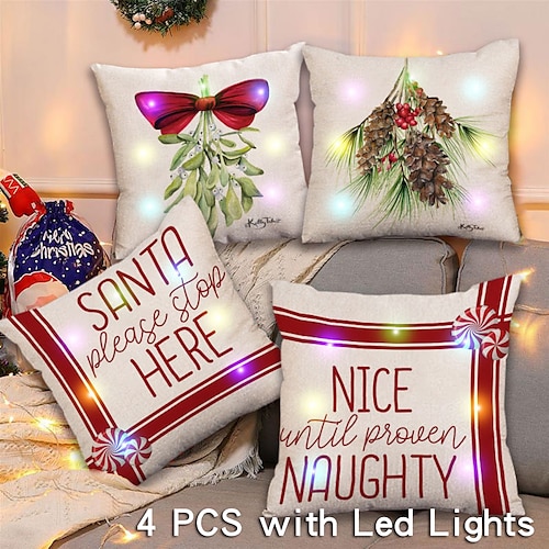 

Christmas Throw Pillow Cover LED Lights 4PC Soft Decorative Square Cushion Pillowcase for Bedroom Livingroom Sofa Couch Chair Superior Quality