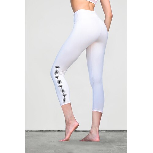 

kvinders hvide capri leggings træningstights høj talje mavekontrol røvløfterbukser hurtigtørrende blomster botanisk yoga fitness fitnesscenter sport aktivt tøj