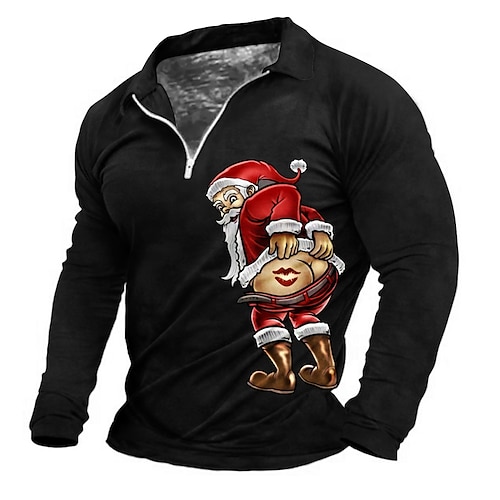 

Men's Polo Shirt Golf Shirt Santa Claus Graphic Prints Turndown Black Gray 3D Print Christmas Street Long Sleeve Zipper Print Clothing Apparel Fashion Designer Casual Soft