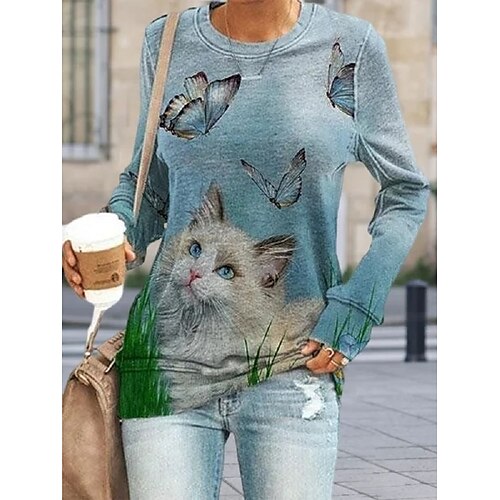 

Women's T shirt Tee Blue Cat Butterfly Print Long Sleeve Daily Weekend Basic Round Neck Regular Cat Butterfly Painting S