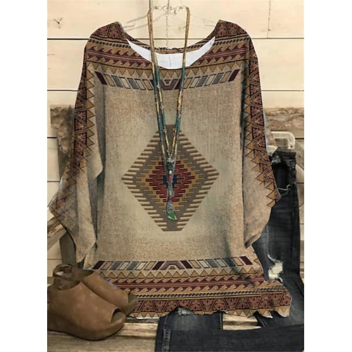 

Women's Plus Size Tops Blouse Shirt Tribal Geometry Print Long Sleeve Crewneck Vintage Ethnic Casual Daily Going out Polyester Winter Fall Green Blue