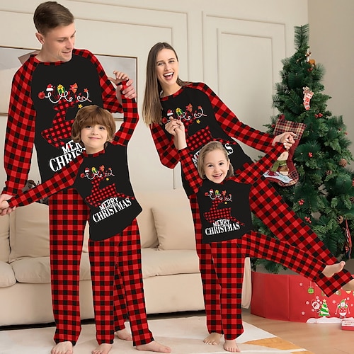 

Christmas Pajamas Family Letter Elk Home Crewneck Black Long Sleeve Basic Matching Outfits