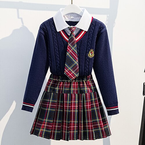 

2 pezzi Bambino Da ragazza A quadri A pieghe Gonna e maglione Impostato Manica lunga Di tendenza Scuola 7-13 anni Inverno Blu marino Bianco
