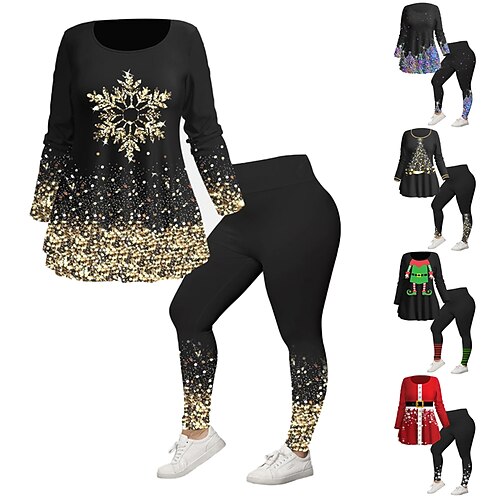 

Women's Plus Size Tops Christmas Set Color Gradient Snowflake Print 3/4 Length Sleeve Crew Neck Casual Festival Daily Polyester Winter Fall Black